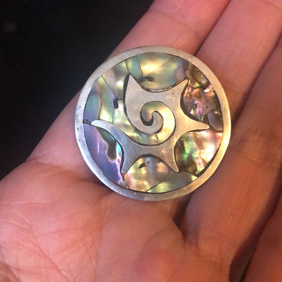 Mother of Pearl Nacre & sterling necklace brooch combo Mexican, marked & VTG - Picture 9 of 10